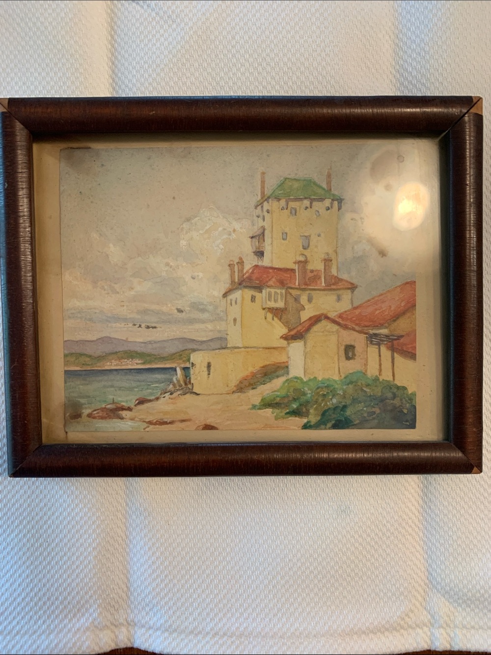 Pyrgos, Monastery, watercolor Framed Art - Cream & Red Accents